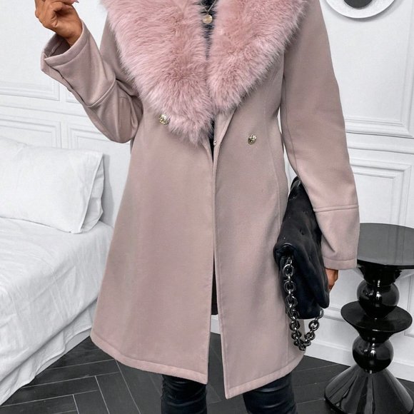 Khaki Casual Womens Fuzzy Collar Belted Overcoat - Picture 3 of 5